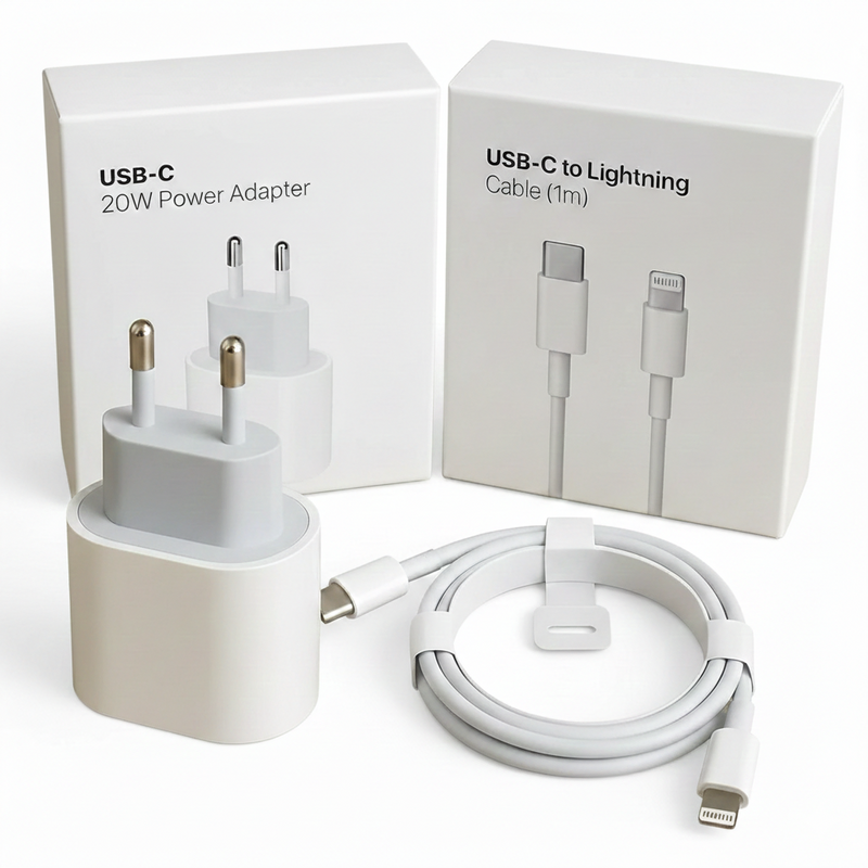 Carregador iPhone 20W turbo USB-C branco com cabo Lightning para iPhone e iPad