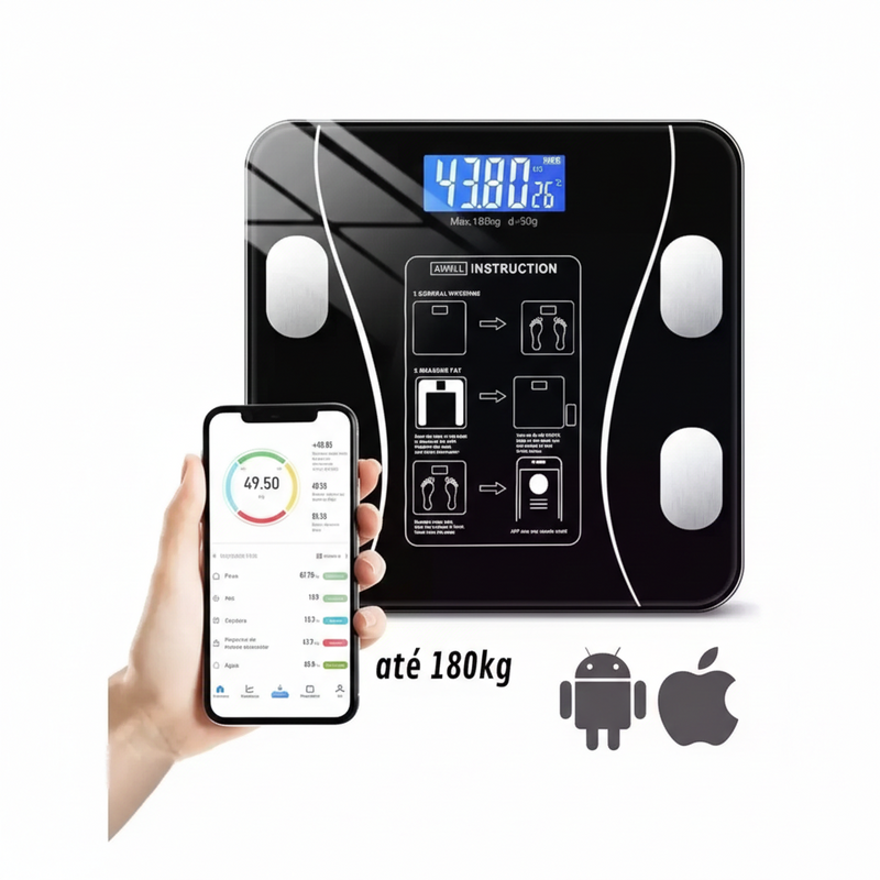 Balança digital inteligente bioimpedância Bluetooth app até 180kg vidro temperado