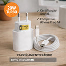 Kit carregador 20W e cabo Lightning branco vista conjunto completo